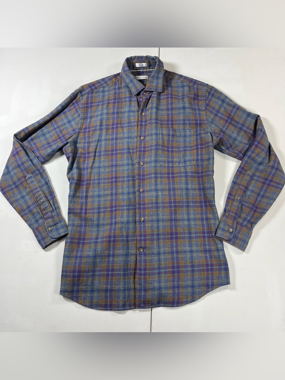 Peter Millar Cotton Flannel Shirt Crown Twill Blue Brown Plaid Soft Men’s M
